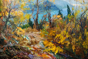 View on the autumn park with small path and trees and golden foliage near the sea in the evening. Landscape, oil painting on canvas.