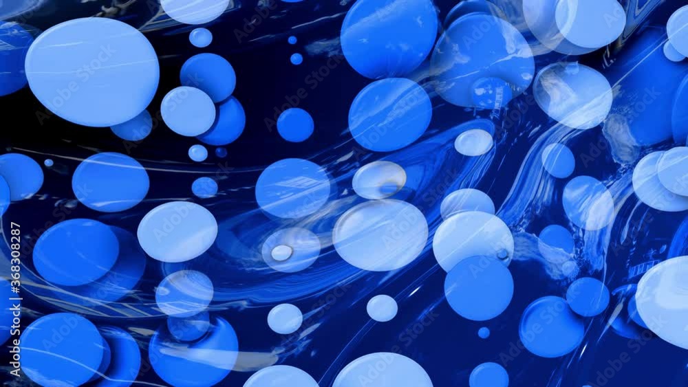 Poster beautiful abstract looped background of shiny glossy surface like wavy blue liquid with circles floa