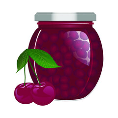 Cherry jam in a jar on a white background. Vector illustration