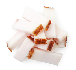 Heap of pieces of lard on a white background, isolated. The view from top