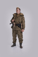 Male actor in the uniform of an officer of the army reconnaissance group of the Soviet Army during...
