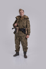 Male actor in the uniform of an officer of the army reconnaissance group of the Soviet Army during...