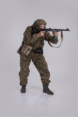 Male actor in the uniform of an officer of the army reconnaissance group of the Soviet Army during...