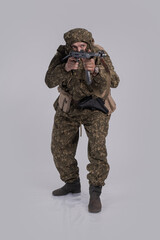 Male actor in the uniform of an officer of the army reconnaissance group of the Soviet Army during...
