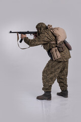 Male actor in the uniform of an officer of the army reconnaissance group of the Soviet Army during...