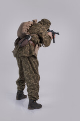 Male actor in the uniform of an officer of the army reconnaissance group of the Soviet Army during...