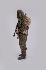 Male actor in the uniform of an officer of the army reconnaissance group of the Soviet Army during...