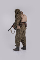Male actor in the uniform of an officer of the army reconnaissance group of the Soviet Army during...