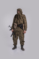 Male actor in the uniform of an officer of the army reconnaissance group of the Soviet Army during...