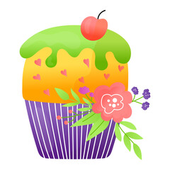 Delicious festive cupcake, celebration fruitcake holiday baking birthday party element isolated on white, flat vector illustration. Concept joyful icon, muffin pie piece cheerful mood.