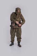 Male actor in the uniform of an officer of the army reconnaissance group of the Soviet Army during...