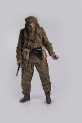 Male actor in the uniform of an officer of the army reconnaissance group of the Soviet Army during...