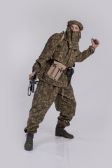 Male actor in the uniform of an officer of the army reconnaissance group of the Soviet Army during...