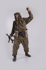 Male actor in the uniform of an officer of the army reconnaissance group of the Soviet Army during...