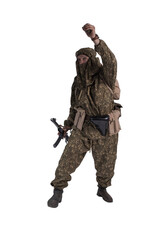 Male actor in the uniform of an officer of the army reconnaissance group of the Soviet Army during...