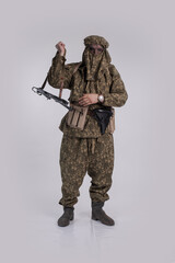 Male actor in the uniform of an officer of the army reconnaissance group of the Soviet Army during...