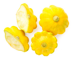 Group of yellow squash whole and half on a white background, isolated. The view from top