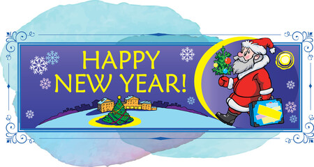 Winter, holiday card, funny images of Santa Claus, and Christmas celebratio