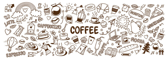 cute doodle cartoon coffee shop icons. vector outline hand drawn for coffee and bakery for cafe menu, including supply item and equipment isolated on white background. drawing style