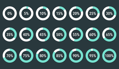 Set of green infographic percentage piecharts / segment of hole circle icons 0% - 100%, simple flat design loading data interface elements app button ui ux web, vector isolated on black background