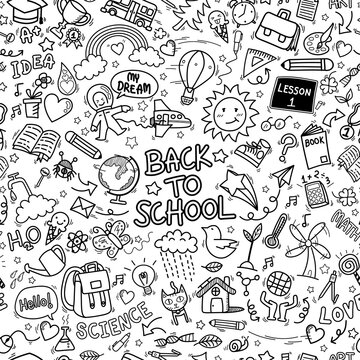 back to school doodle icons seamless pattern background. hand drawn education sign and stationery supply item and equipment symbols isolated on white background