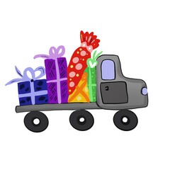 Multi colored truck with a trailer for delivery of goods with gifts sweets for the design of books rushing sites Antistress