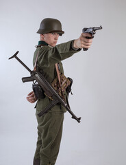 Male actor reenactor in historical uniform as an officer of the German Army during World War II