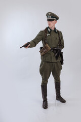 Male actor reenactor in historical uniform as an officer of the German Army during World War II