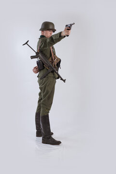 Male actor reenactor in historical uniform as an officer of the German Army during World War II