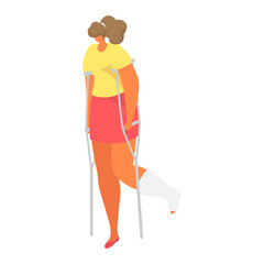 Fototapeta premium Woman break leg, female character walk on crutch foot cast medical examination isolated on white, cartoon vector illustration. Syndrome pain fractured limb, young health condition.