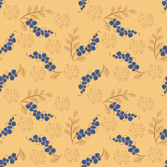 Vector abstract seamless pattern with berries, twigs, circles. Simple floral texture in doodle style. Modern background with hand drawn elements. Blue, yellow and brown color. Stylish repeat design