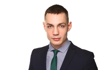 Charming handsome young man. Handsome caucasian man in necktie and suit isolated over white background