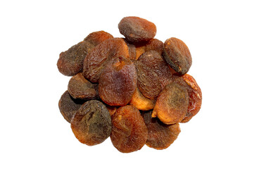 Pile of sun dried apricots isolated on the white background ,top view. Dark dried apricots 