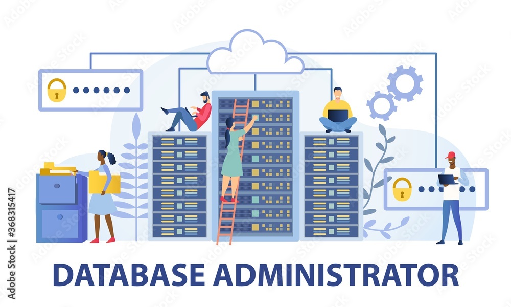 Aufkleber data base administrator computing concept showing technicians working on large stacked servers or do