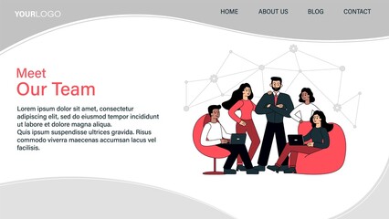 Meet our team web page template with a confident diverse group of business colleagues posing together and copyspace for text, colored vector illustration