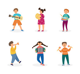 Set of children playing musical instruments flat vector illustration isolated.