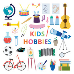 Fototapeta na wymiar Banner with kids hobby and creativity items, flat vector illustration isolated.