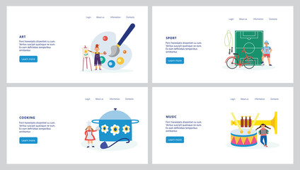 Web pages for children creative and hobby activity flat vector illustration.