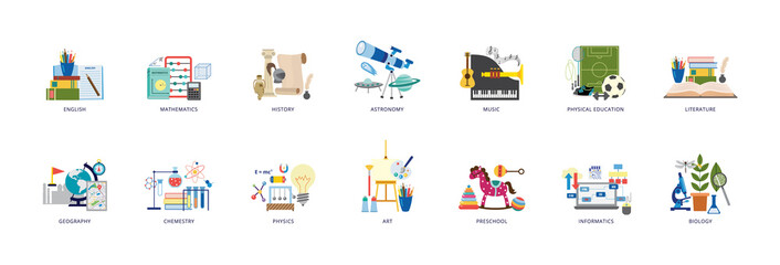 Education icons of school lesson subjects set flat vector illustration isolated.