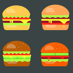 Set of colorful, classic hamburgers. Stock vector illustration.