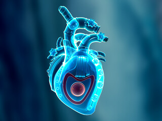 robotic artificial human heart with metallic steam punk pieces. Futuristic concept of organ transplantation. 3D illustration