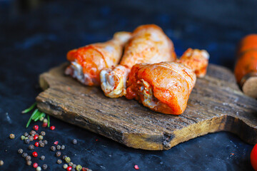 raw chicken meat legs marinade paprika barbecue grilled poultry second course food background top view copy space 