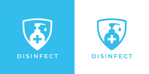 Disinfect medical shield logo. Hand sanitizer badge icon. Antibacterial gel pump dispenser bottle symbol. Sanitary medical hygiene emblem. Vector illustration.