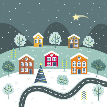 Cute landscape of christmas city in flat design