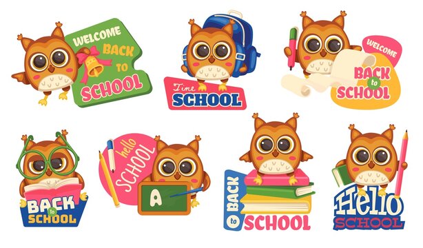 School smart owls with text - a set of vector illustrations.