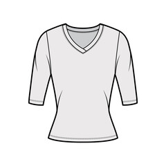 V-neck jersey sweater technical fashion illustration with elbow sleeves, close-fitting shape. Flat outwear apparel template front grey color. Women, men unisex shirt top CAD mockup