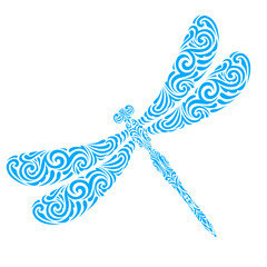 Obraz na płótnie Canvas Blue vector silhouette of a decorative dragonfly on a white background. Summer colorful illustration. Linear style. Hand-drawn. Stylized insect for your design.