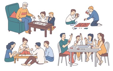 Home leisure set of people play board game, sketch vector illustration isolated.