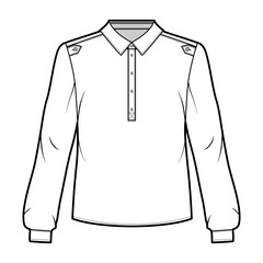 Henley shirt technical fashion illustration with buttoned placket, shoulder epaulettes, classic military style, long sleeves. Flat blouse apparel template front white color. Women, men unisex top CAD