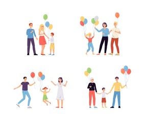 Set of parents and children with balloons flat vector illustration isolated.